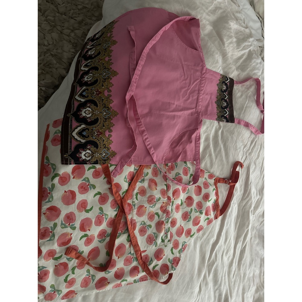 Williams Sonoma Pink Paisley & Hobby Lobby Peach Print Cotton Apron Set 2pc